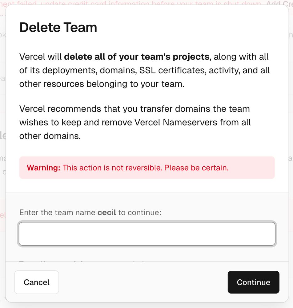 Formulaire de confirmation de suppression de "Team" (équipe) sur la plateforme Vercel.