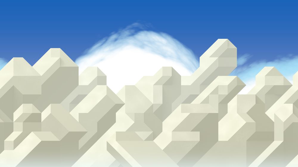 An 3D recreation of the jagged mountains background in Super Mario World. The mountains are creamy white and the sky is deep blue.
