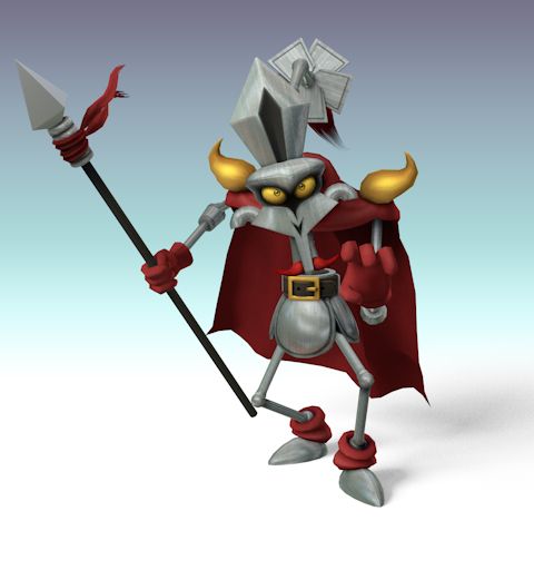 A 3D model of Speardovich (Yaridovich) from Super Mario RPG, standing against a blue-and-white gradient background. Speardovich is reaching towards you menacingly.