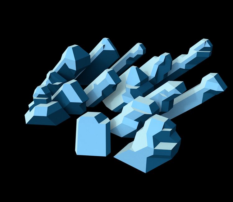 An 3D recreation of the jagged mountains background in Super Mario World, scene from an above angle.