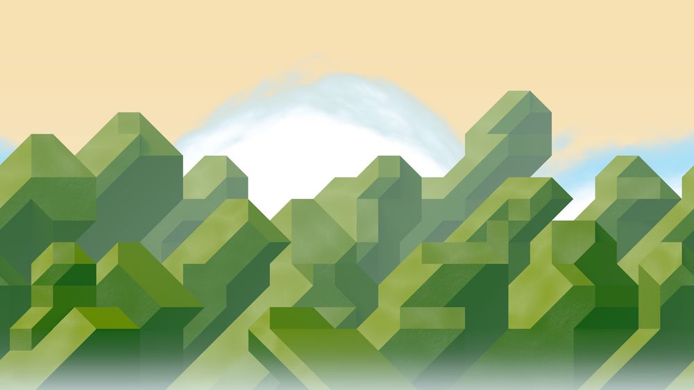 An 3D recreation of the jagged mountains background in Super Mario World. The mountains are green and the sky is light yellow.