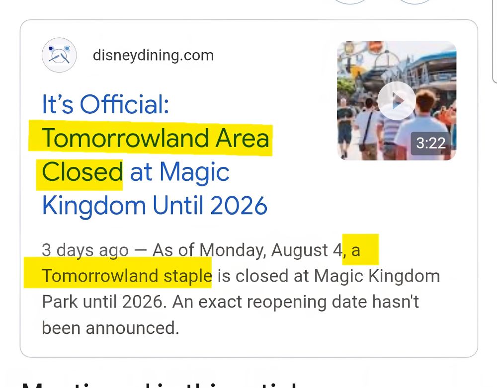 "Tomorrowland Area Closed at Magic Kingdom" ... "...a Tomorrowland staple..."