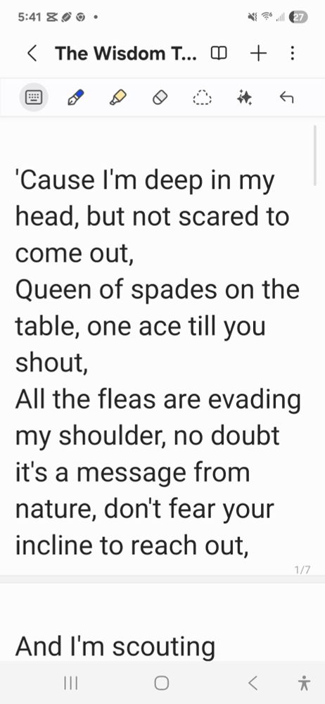 An incomplete sort-of-song-lyric-draft written in Samsing Notes