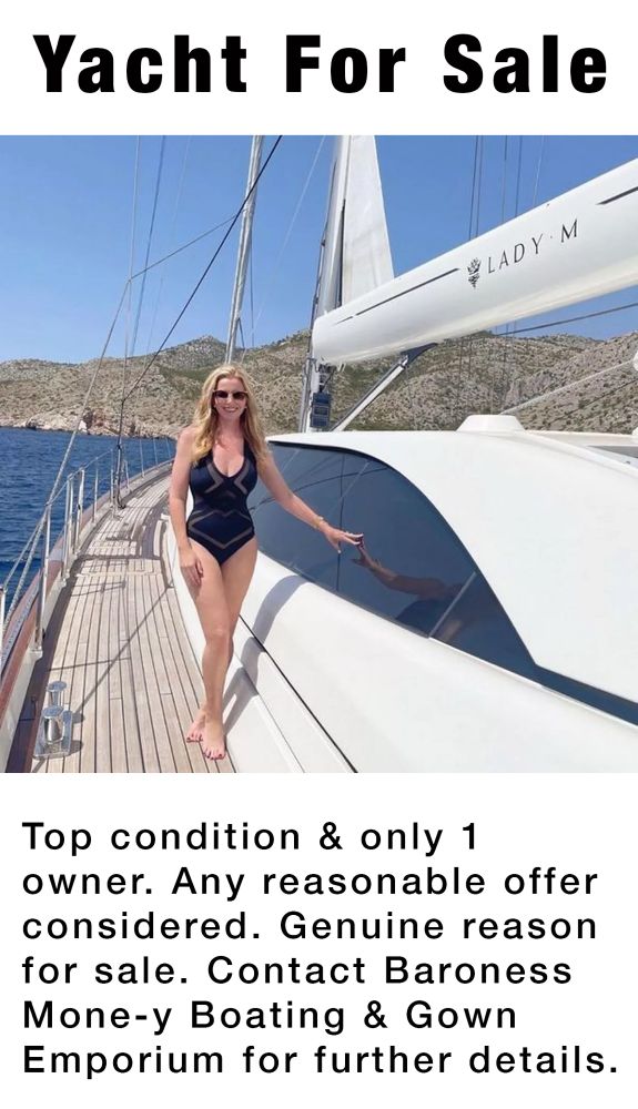 Yacht For Sale

[picture of Michelle Mone on her yacht] 

‘Top condition & only 1 owner. Any reasonable offer considered. Genuine reason for sale. Contact Baroness Mone-y Boating & Gown Emporium for further details.’