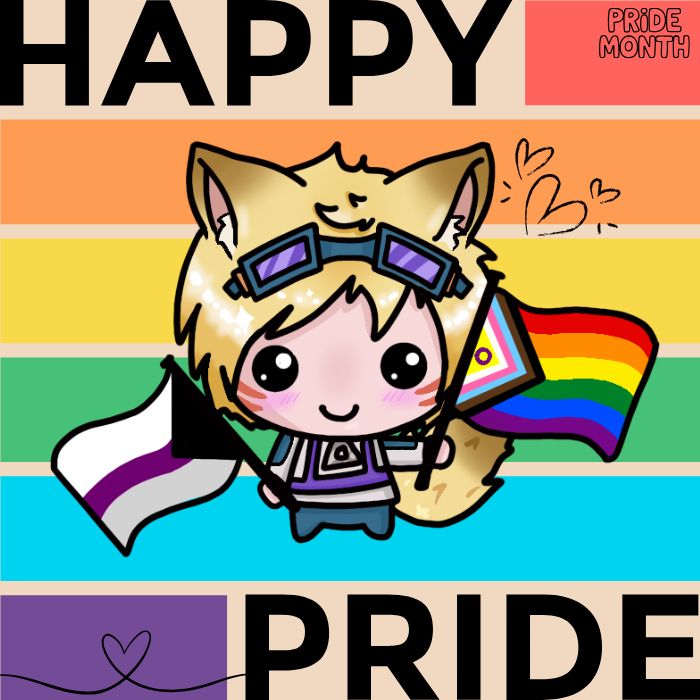 Art illustrating me holding the pride flag and a flag for demisexuals! The image says "happy pride" on it as well for pride month