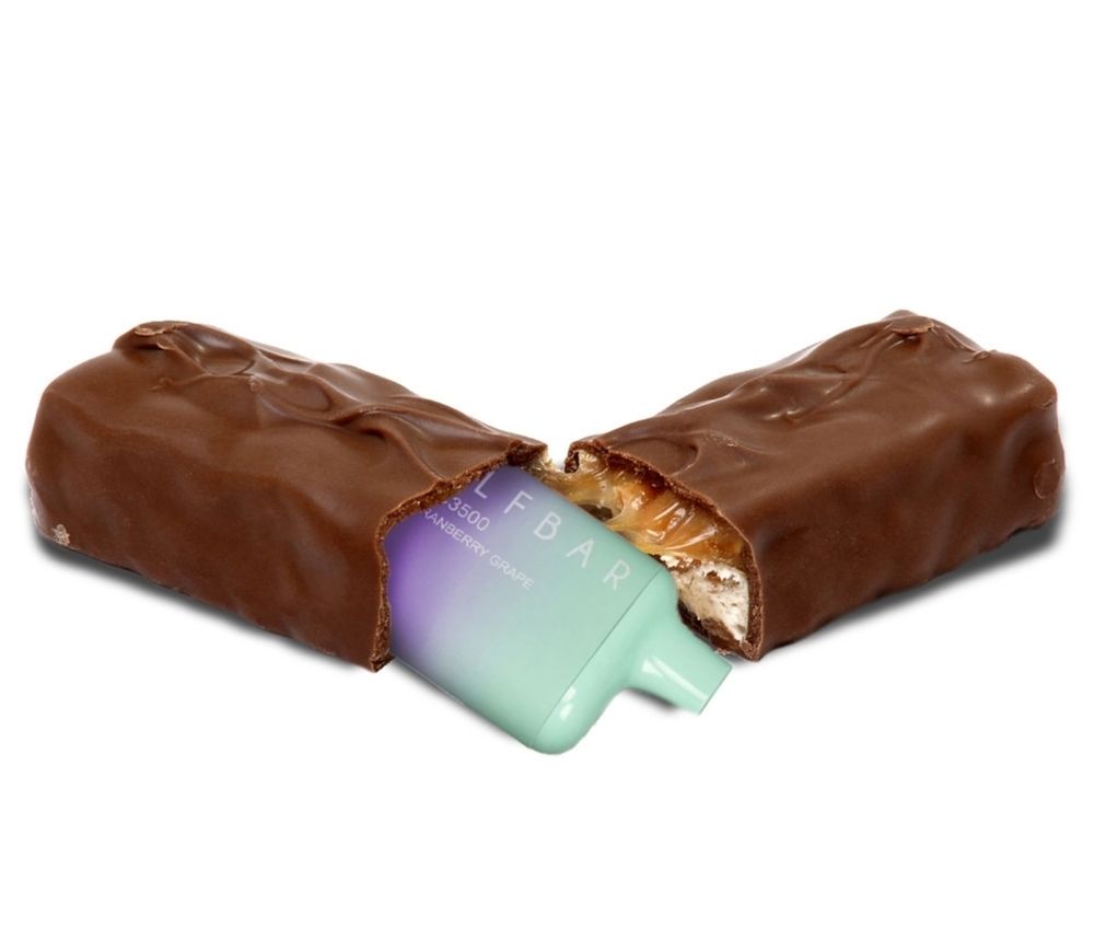 Elf bar brand vape hidden inside a candy bar