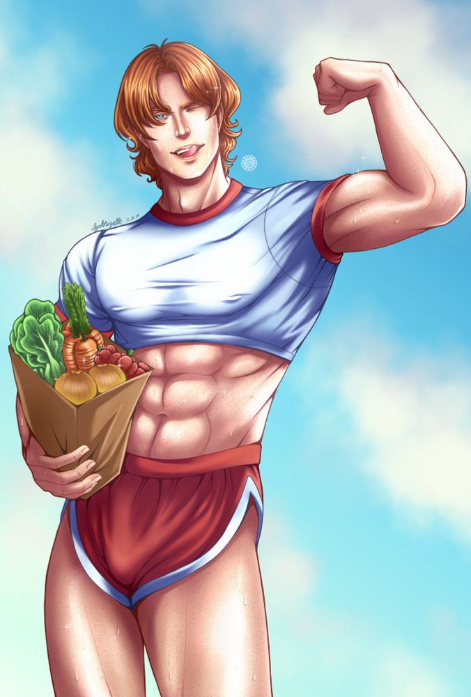 A redhead man with blue eyes flexing his muscles while wearing an athletic tank top and red short shorts as he carries a bag of groceries.