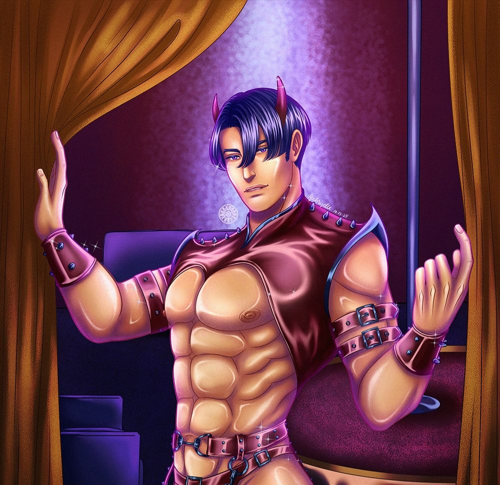 A dark haired man, with a sly expression on his face, in a devil leather costume inviting the viewer in for a private dance room at a strip bar. 