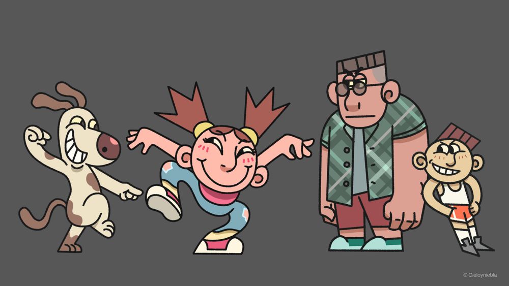 Diseño de personajes del proyecto "La Cuadra". De izquierda a derecha vemos un perro en dos patas bailando, una niña con coletas también en una pose de break dance y al extremo derecho, dos jóvenes, uno alto y fuerte, moreno y con gafas, y uno pequeño y pálido y más delgado, recostado sobre su hombro.