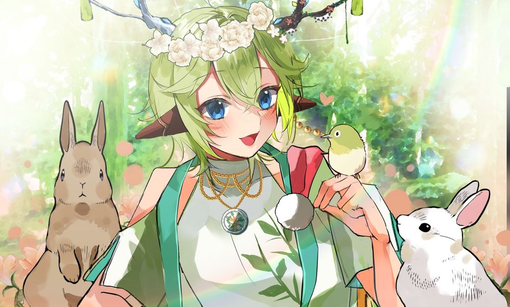 Syphu is wearing a flower ring and is surrounded by bunnies and birds.