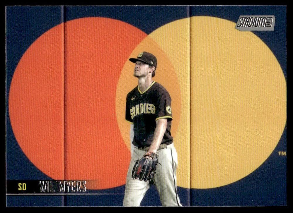 A photo of 2021 Topps Stadium Club #144 Wil Myers baseball card. Features Myers perfectly centered up with a Mastercard logo behind him.