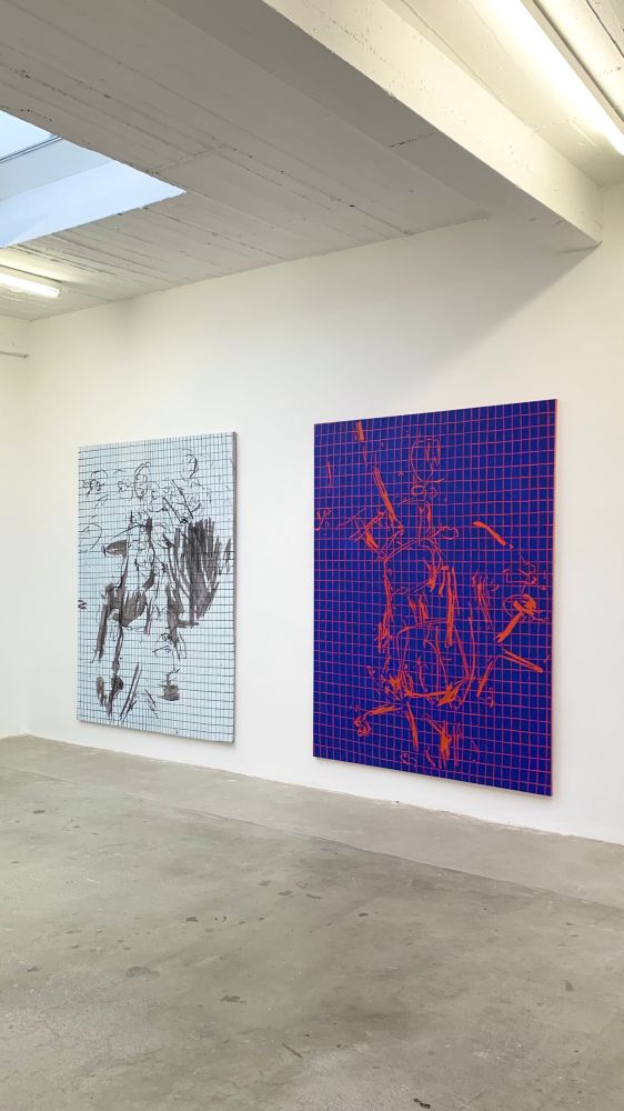 Exhibition View with two large oilpaintings on the wall.