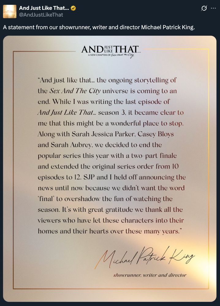 Note from Michael Patrick King that "And Just Like That" is ending after three seasons