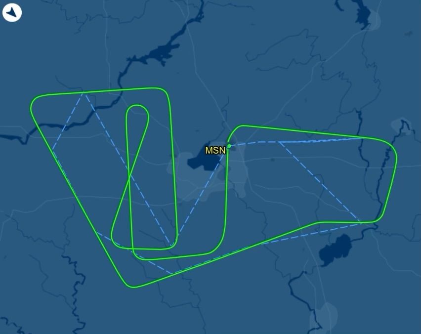 Flightaware screenshot of my flight that was supposed to go to LaGuardia, which instead made shapes over Madison and returned to MSN