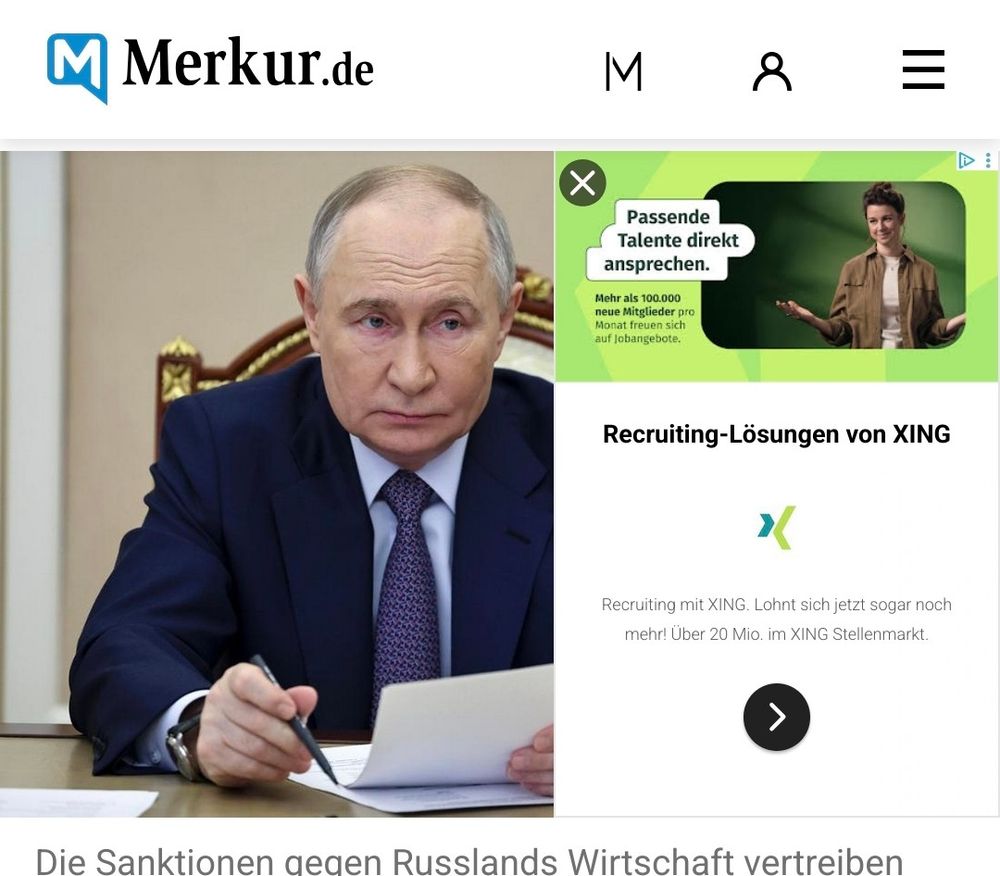 Onlinewerbung für Xing, die sich halb über einen Zeitungsartikel schiebt, der mit einem großen Foto von Putin beginnt. 