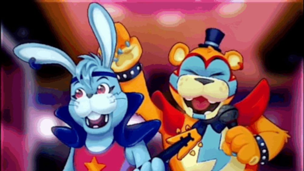 a teddy bear and a rabbit are standing next to each other on a stage with a microphone .