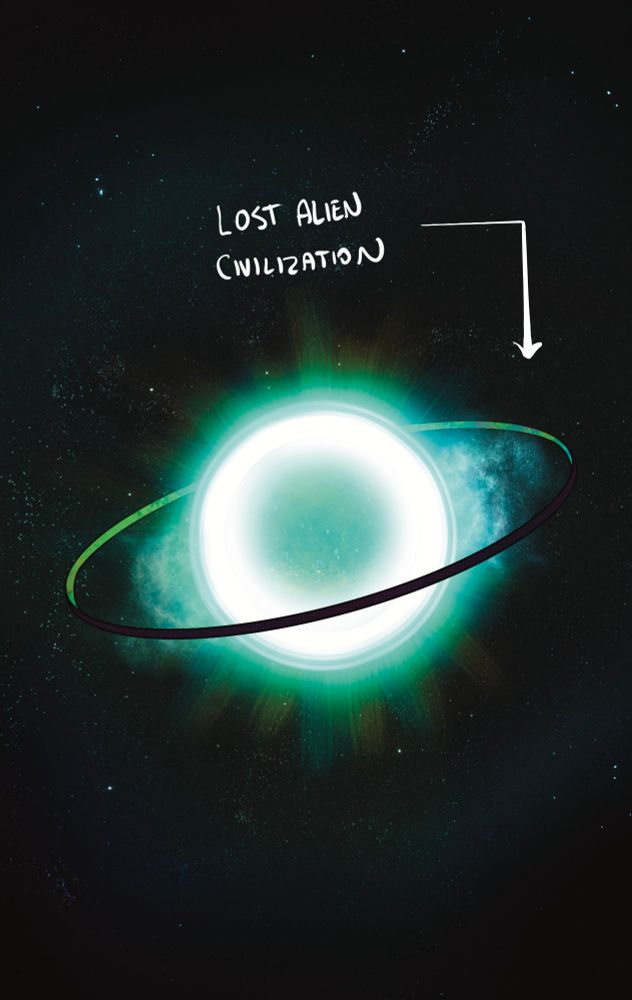 A digital painting of a teal green neutron star, surrounded by a thin ring world, against a deep space background. A hand written label indicates it is a "lost alien civilization".