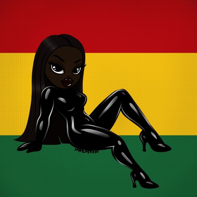 Capa do álbum BLACK STAR da cantora Amaarae. Mulher negra sentada no centro da bandeira de Gana. Mulher negra em 2D listras verde vermelha e amarela ao fundo. 