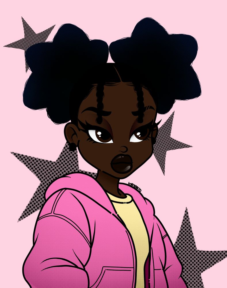 Ilustraçao de mulher negra com cabelo afro em formato de estrela, usando moletom rosa e camisa amarela por baixo.