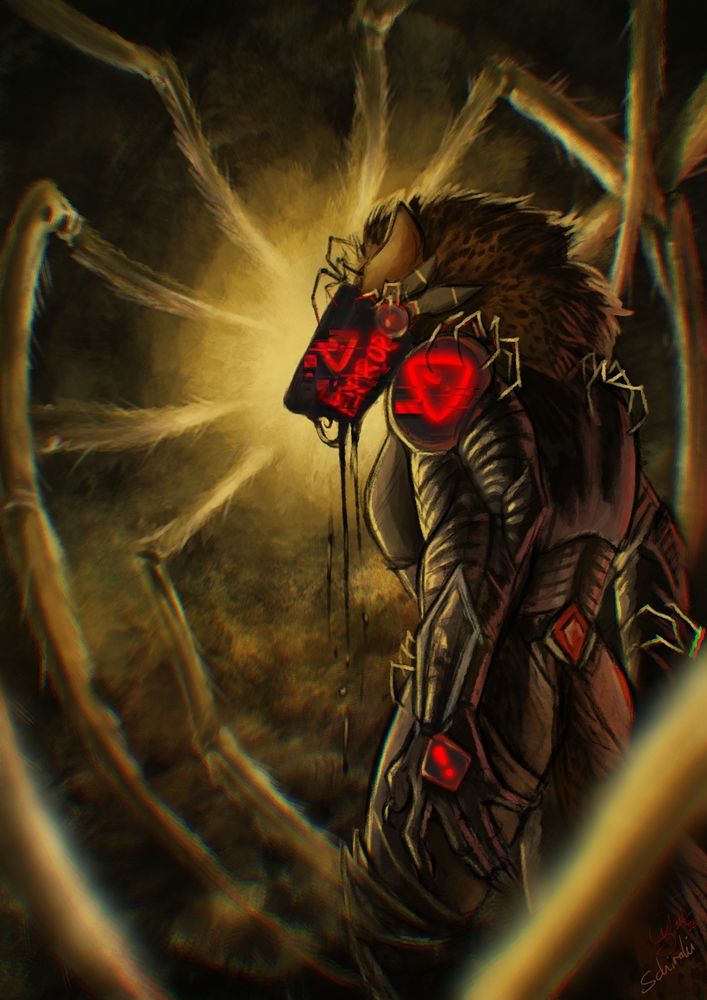 A protogen is looking at the viewer. On his face is an error message. Big, yellow spider legs grab him, protruding out of a light in the distance.