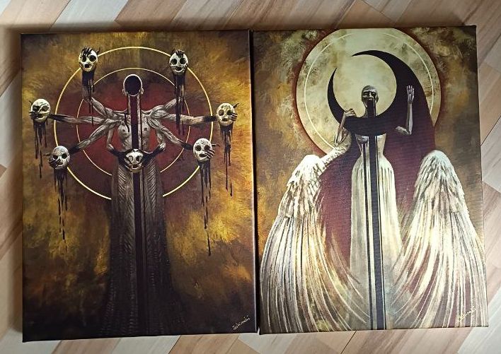 Two canvas prints are on the floor, the sun makes the colors shine.