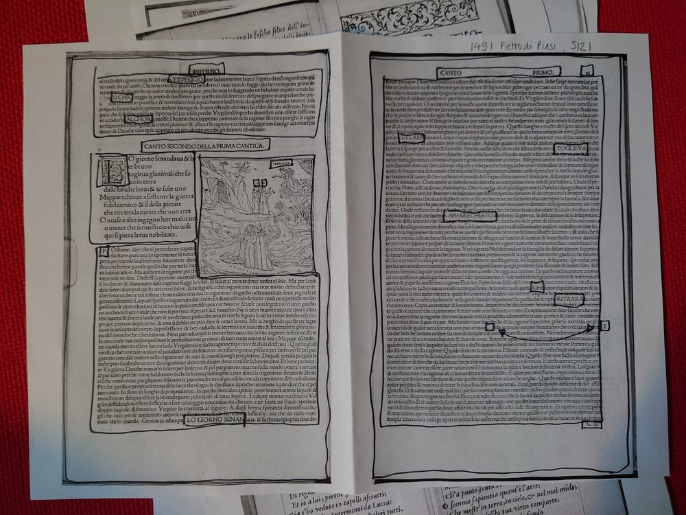 Photocopy of an incunable book with the parts of the page outlined in black marker pen.