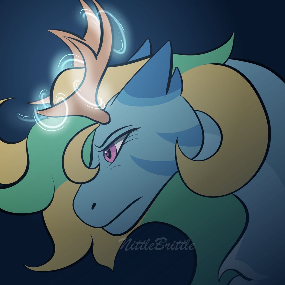 Blue horse with yellow and green hair, pink eyes, and brown antlers.  Head is arched with a serious expression and magic particle effects around their antlers.