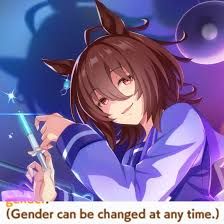 screenshot of Agnes Tachyon superimposed on screenshot of Umamusume's tutorial, stating that gender can be changed at any time.