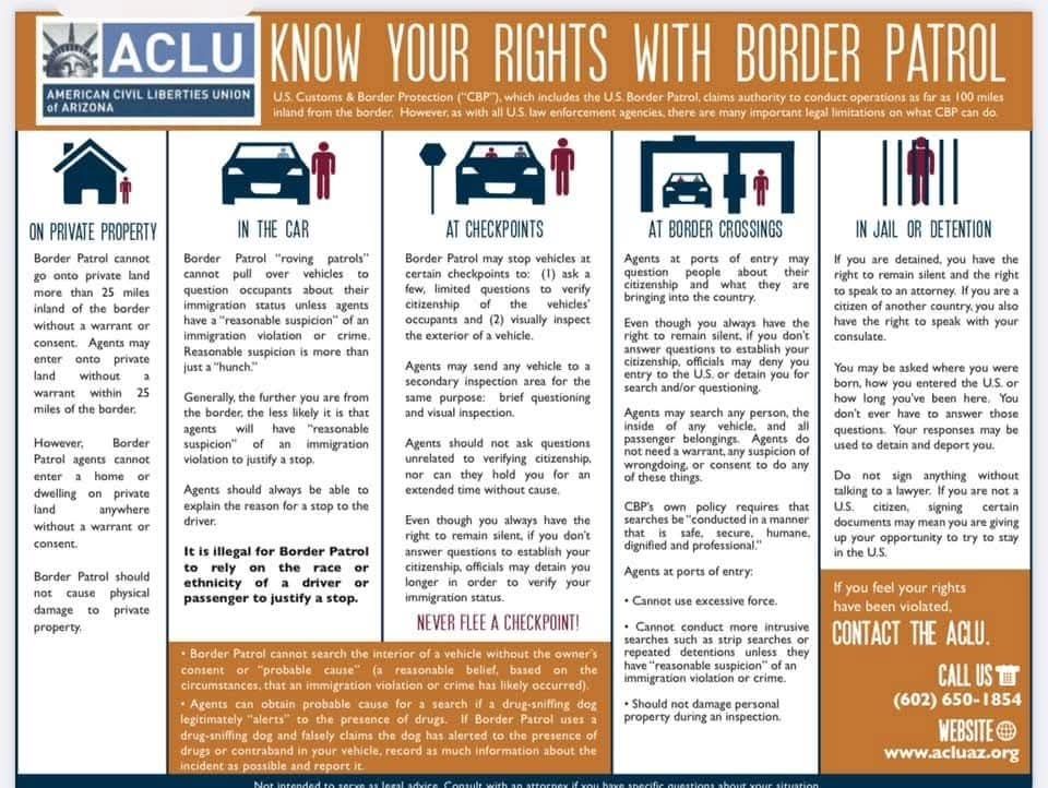 ACLU list of your rights regarding US Border Patrol