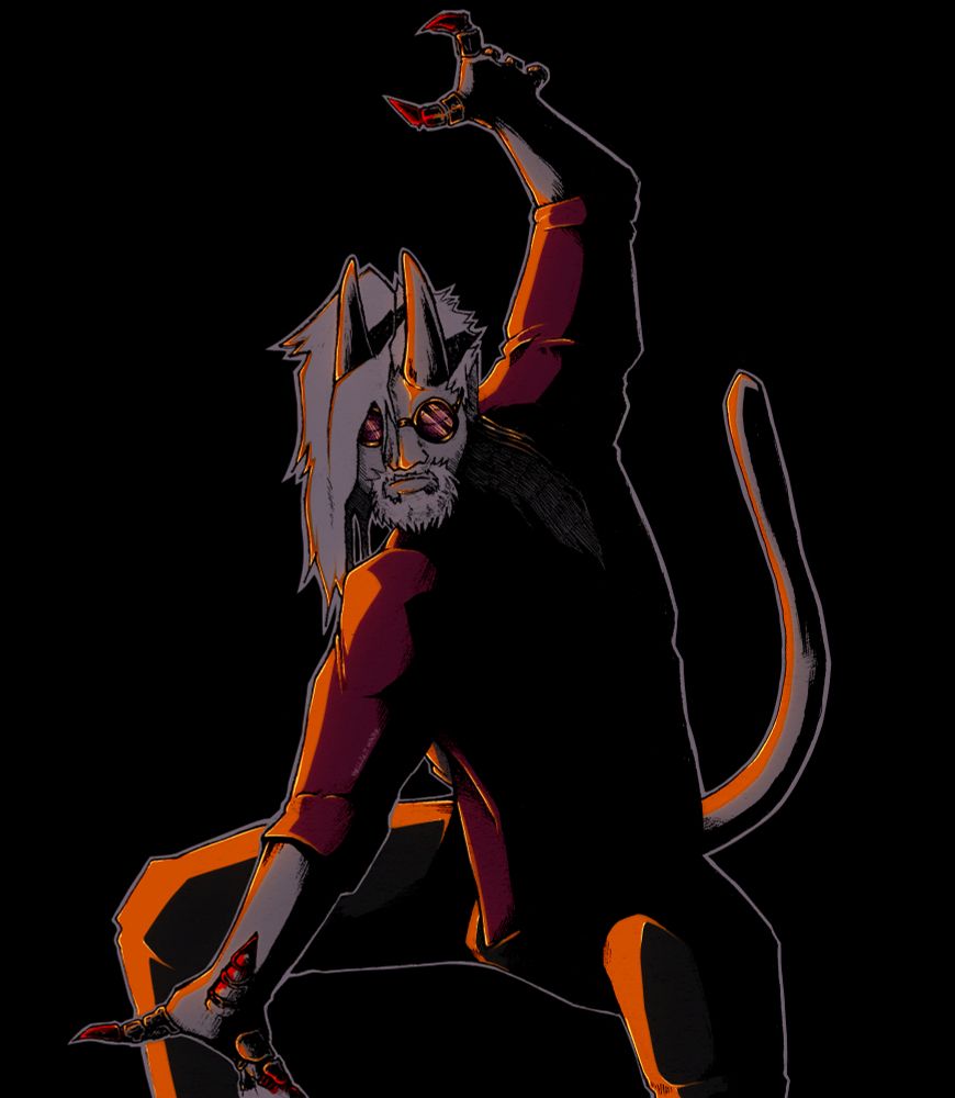 a grey-ish devil with cat-like tail & upward horns in a "ready to strike" kinda pose with sharp orange & yellow light reflecting off him