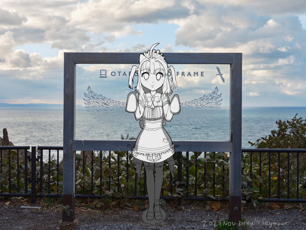 A black-and-white drawing of Mint overlaid on the Otaru photo frame at the Shukutsu panorama observation deck. Mint is composed to make it look like she has wings from the photo frame.