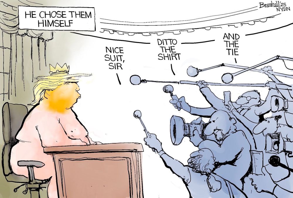 The “Emperor's” New Clothes: A picture of Donald Trump naked, being interviewed by the press that is complicating his clothes. 