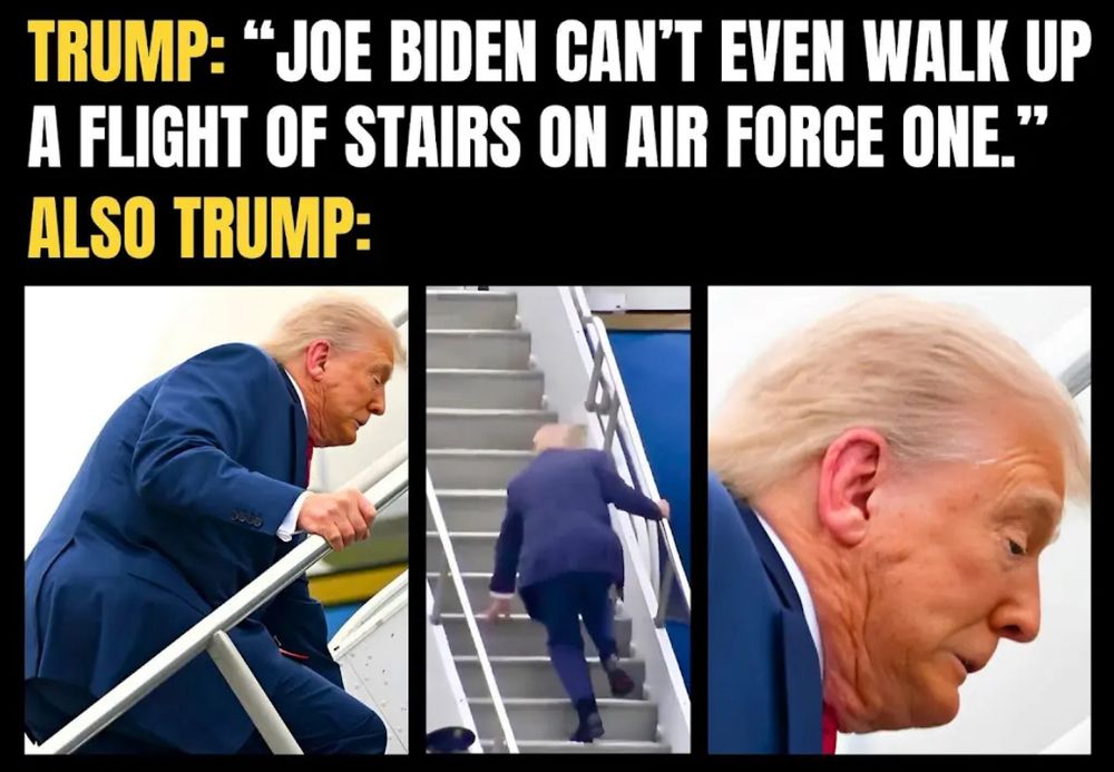 Trump stumbling up the stairs
