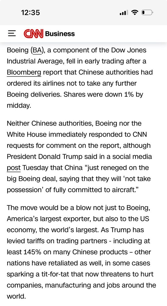 CNN article on Boeing stock dive - caused by Trump’s tariffs 