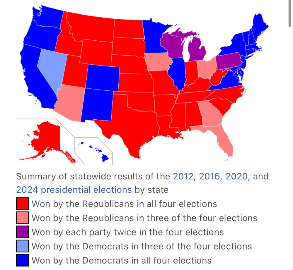Map from Wikipedia showing red and blue states from past elections