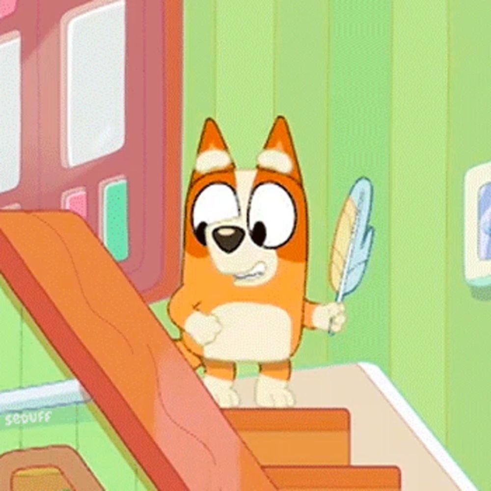 a cartoon dog is standing on a set of stairs holding a pen .