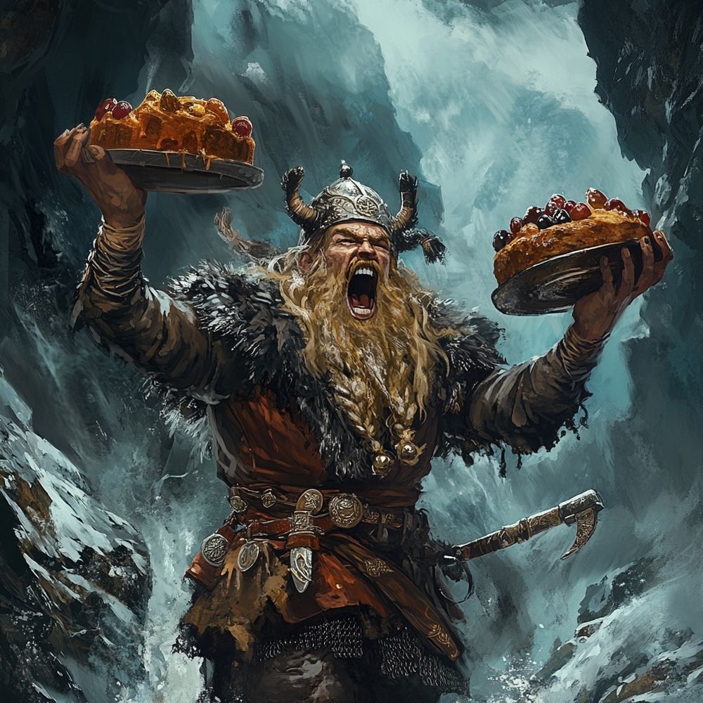 Viking chef menacingly showing off his latest batch of extremely delicious fruitcakes