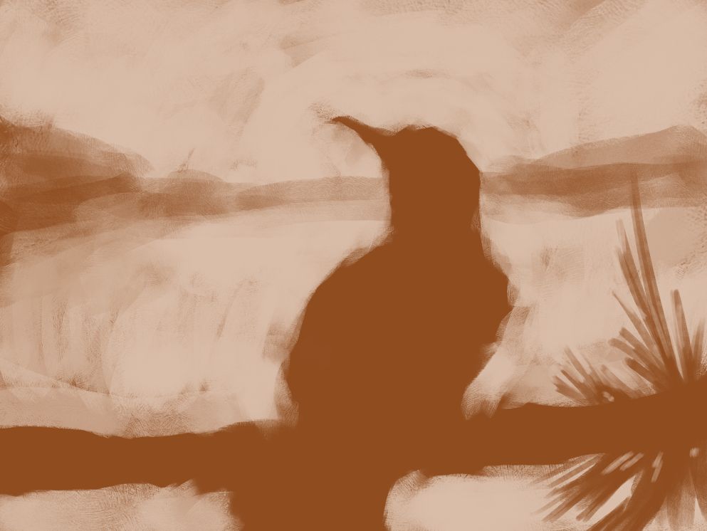 work in progress digital painting. the shape of a bird on a branch can be seen