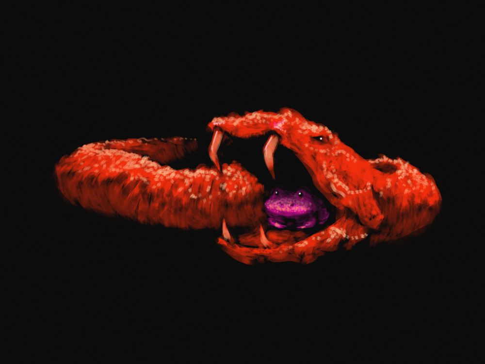 digital painting - a small pink frog rests inside the open maw of a giant red snake