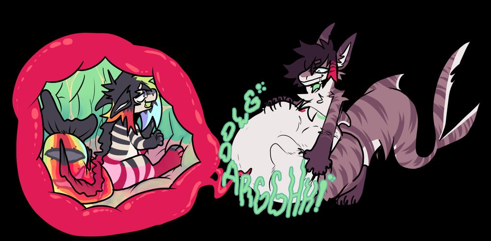 fullbody with an internal shot of ciryus (the shark) having swallowed chrome (the rainbow trout). they both seem to be enjoying the situation