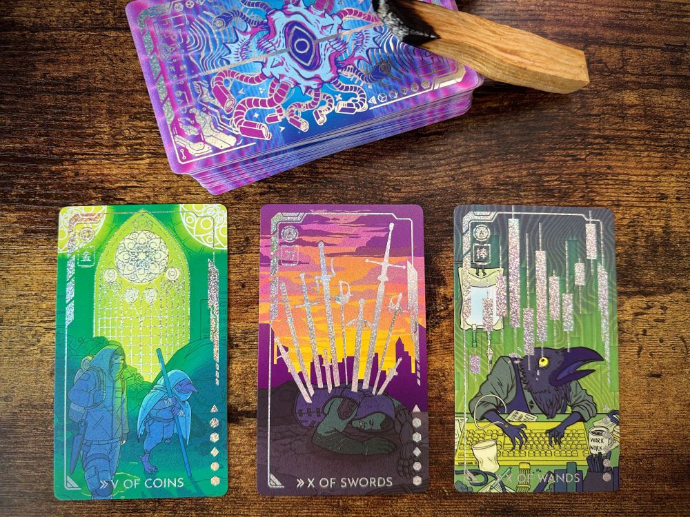 Three card spread of a cyberpunk fantasy themed holo tarot deck. V of coins of two travelers walking by a cathedral window. X of swords of an orcish individual on the ground with swords in their back in front of a sunset sky. X of Wands of a kenku individual looking frazzled and overworked while working at a computer keyboard.