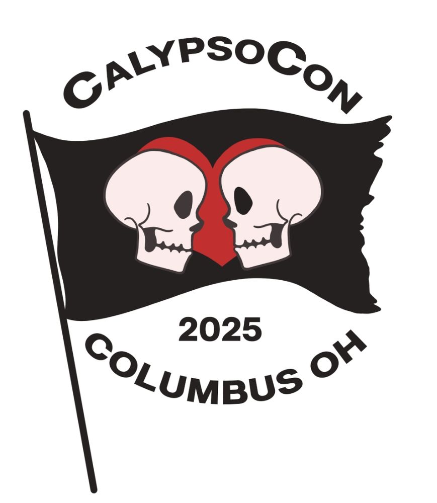 A pirate flag with two skulls facing each other with a red heart behind them. Text reads: CalypsoCon. 2025. Columbus OH. 