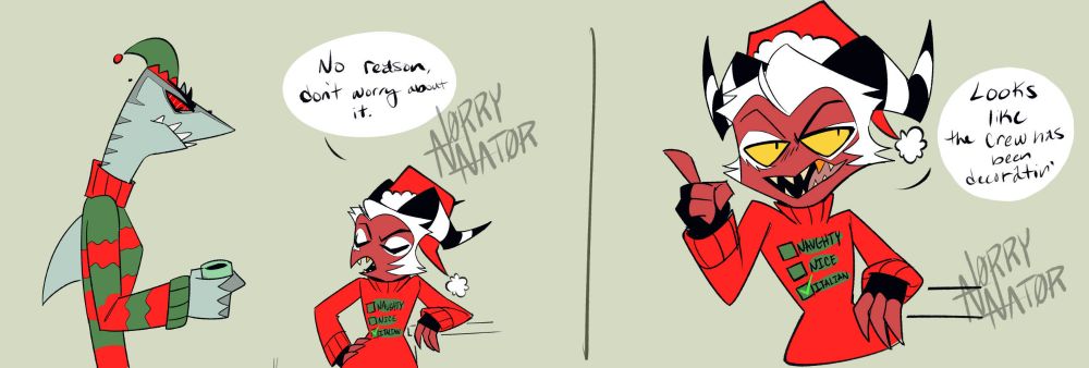 Panel 1
Text: No reason, don't worry about it.

Panel 2
Crimson points upward.
Text: Looks like the crew has been decoratin'