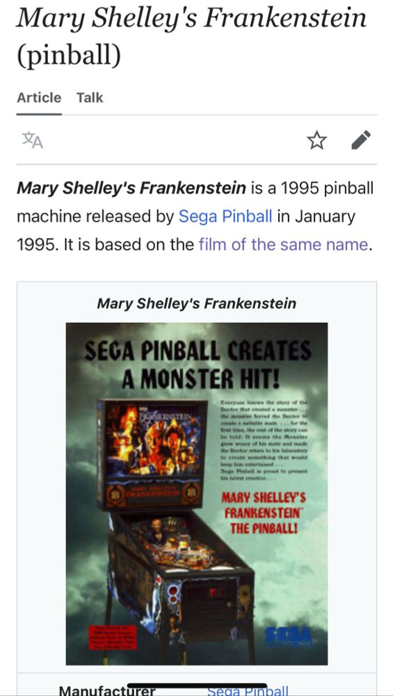screenshot for the wikipedia page for Mary Shelley’s Frankenstein Pinball