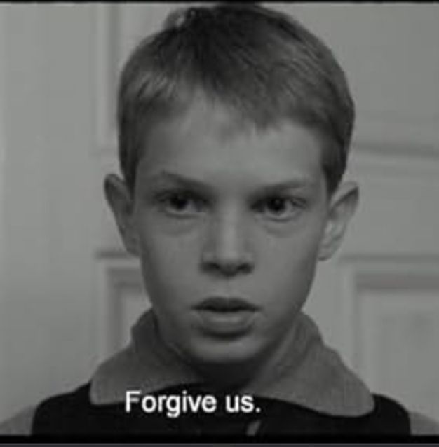 Young boy in movie The White Ribbon, saying - forgive us 