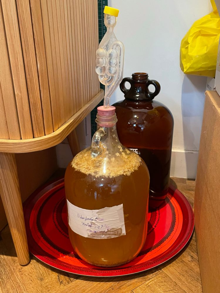 A demijohn full of fermenting elderflower mead. The label on the demijohn is barely legible, thanks to a slight overflowing incident which also liberally sprayed the sideboard next to the demijohn with sticky must. 