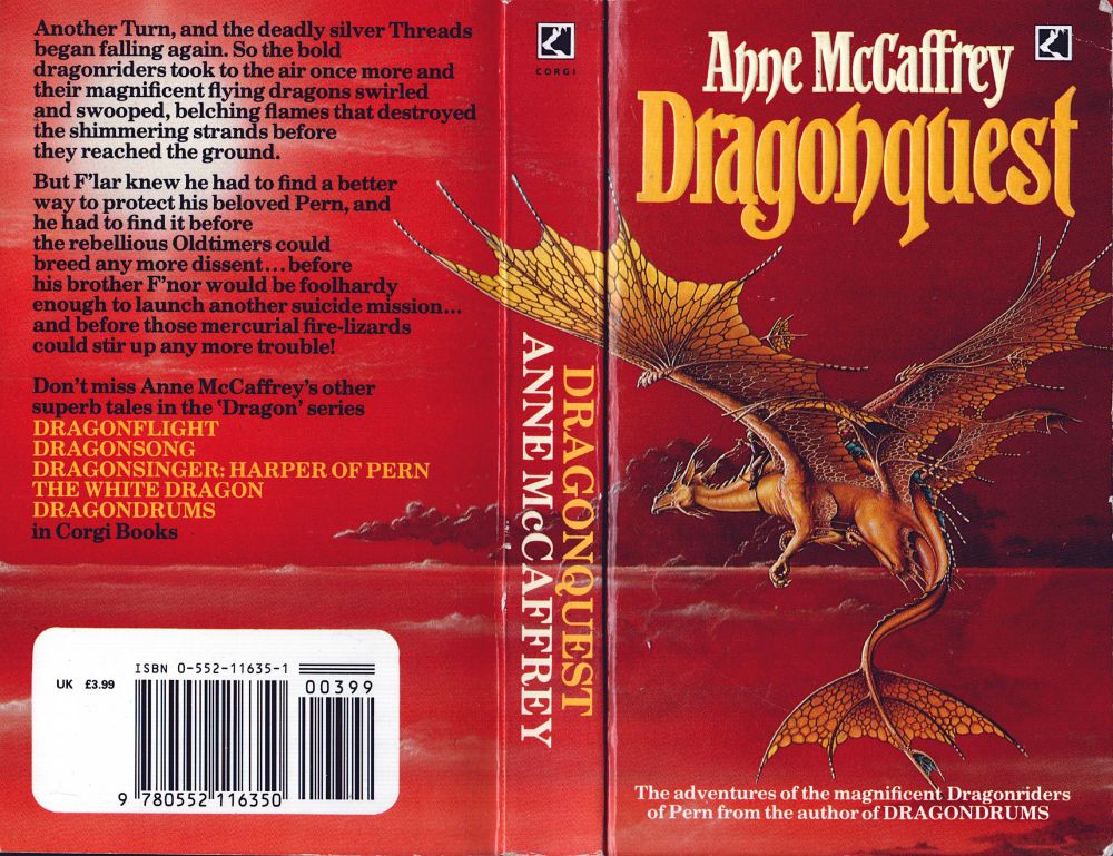 The cover of the Corgi edition of Anne McCaffrey's Dragonquest by Steve Weston. The cover painting features a gold dragon with distinctive double wings, viewed from the rear quarter.