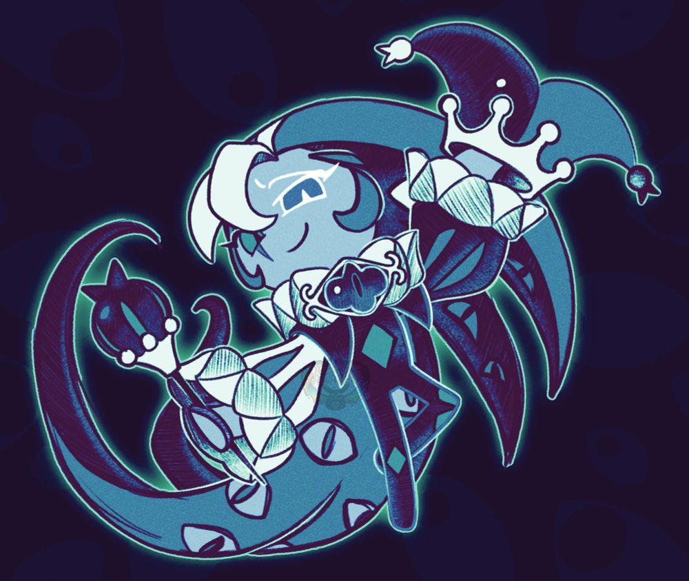 A drawing of Shadow Milk Cookie in monotone colors, he is posing while surrounded by many eyes.