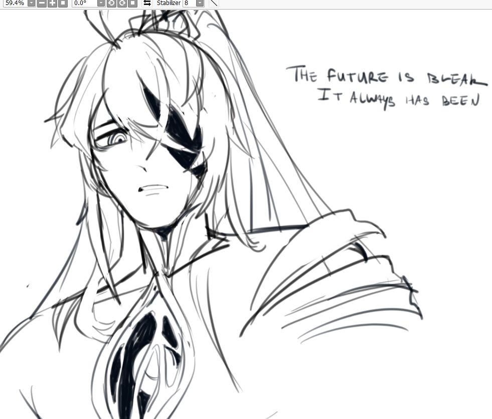 A bust-up digital drawing of Herrscher from Elsword. He looks down at the viewer and says "The future is bleak. It always has been." The cold delivery of the vague statement sends chills down your spine.