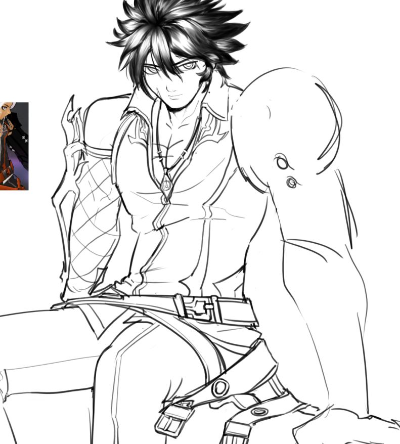 A digital drawing of Reckless Fist, sitting down with his head lowered slightly. He wears Lunatic Psyker's necklace instead of his own.